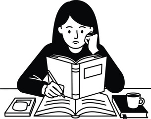 woman studying with books and coffee