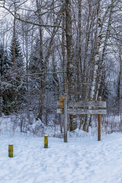 Wooden signpost in snowy forest path in Volary, Czechia