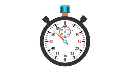 A black stopwatch illustration with a blue button and visible timing markers
