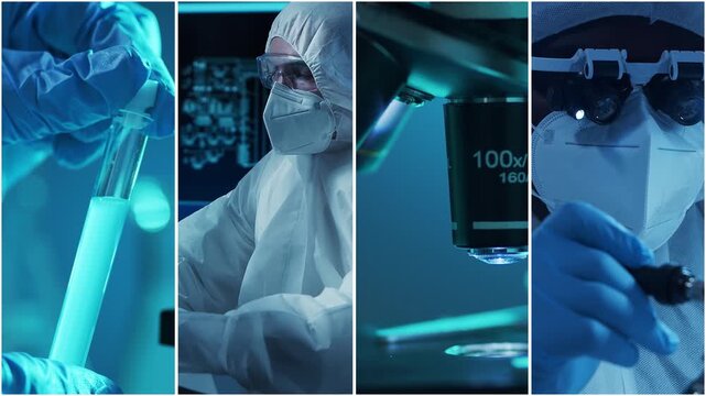 Technology and medical concept. Scientists, lab equipment and microscopes in biomedical innovations and clinical studies. Ideal for educational content. Vertical videos.