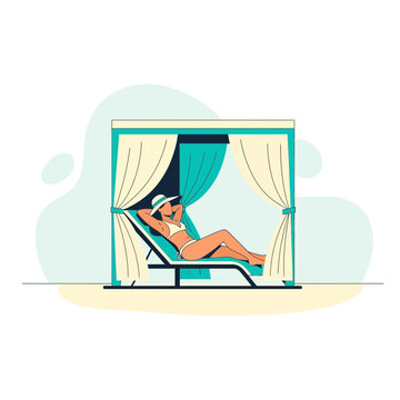 Relaxing Woman Enjoys Sun Under Beach Cabana Serene Vacation Vibe
