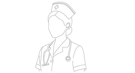 Obraz premium Line drawing of a nurse in uniform with cap and stethoscope