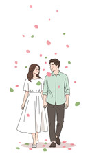 Obraz premium Romantic Couple Strolling Amongst Falling Petals In A Dreamy Illustration