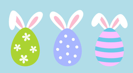 Fototapeta premium Bunny ears Easter egg cartoon vector collection. Cute patterned Easter eggs with bunny ears illustration set. Set of Easter egg with bunny ears flat vector icon. svg.