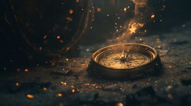 A compass is on a dark surface with a lot of debris. The compass is surrounded by a lot of fire and smoke, giving the image a mysterious and eerie mood