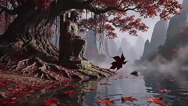 Serene Buddha statue under a tree by a misty lake.