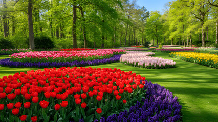 Vibrant tulip garden in full bloom amidst lush greenery