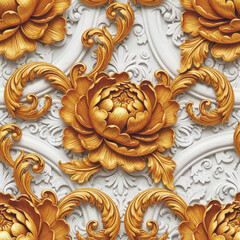 Luxury 3D seamless pattern with beautiful golden peonies and baroque scrolls. Elegant floral relief on white plaster background for high-end interior wallpaper, textiles and classic home decor. © Elmar