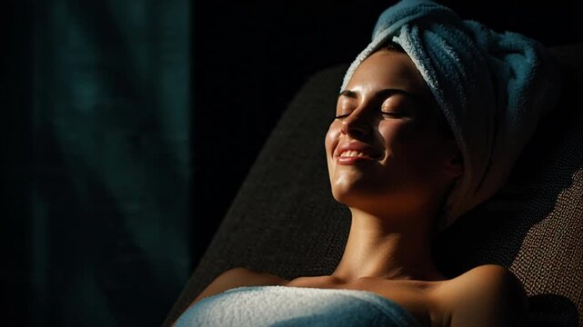 Woman Relaxing at Spa with Towel on Head