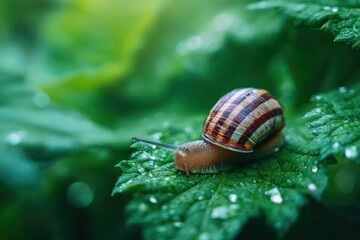 Detailed snail shell on green leaf macro