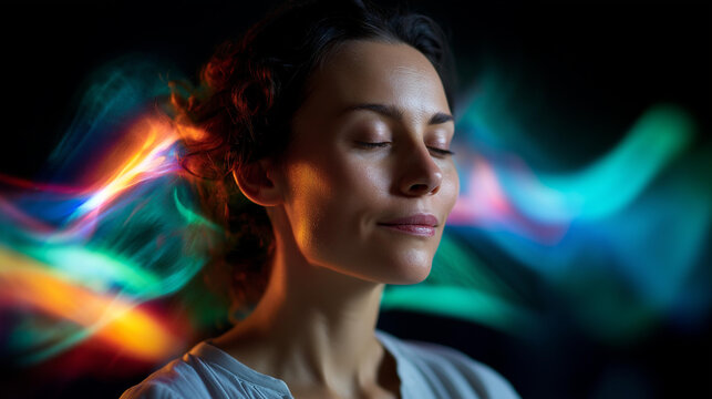 Woman experiencing immersive sound healing therapy with vibrant colorful audio waves frequency vibrations creating peaceful meditation atmosphere for wellness and mental health