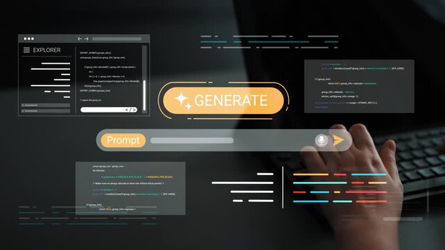 Interactive digital workspace showcasing user interface design with code, input prompt, and generate button against a sleek background Gluon.