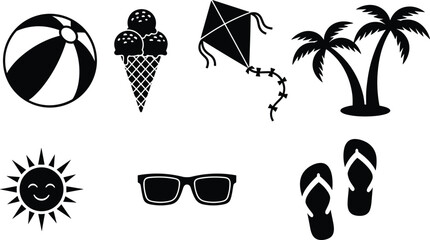 Collection of black silhouette icons for a summer beach vacation theme Keywords: beach ball, ice cream cone, kite, palm trees © MdZabed