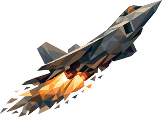 Low-poly vector illustration of a jet roaring into takeoff, single modern jet aircraft with sharply faceted fuselage and angular