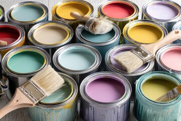 Fototapeta premium Open paint cans with pastel colors