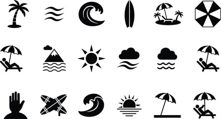 Collection of black vacation and beach themed icons on white background Keywords: palm tree, waves, ocean wave, surfboard, beach © MdZabed
