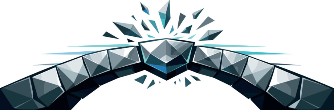 Bridge Completion Moment. Low-poly vector illustration of bridge building blocks breakthrough moment, final keystone block