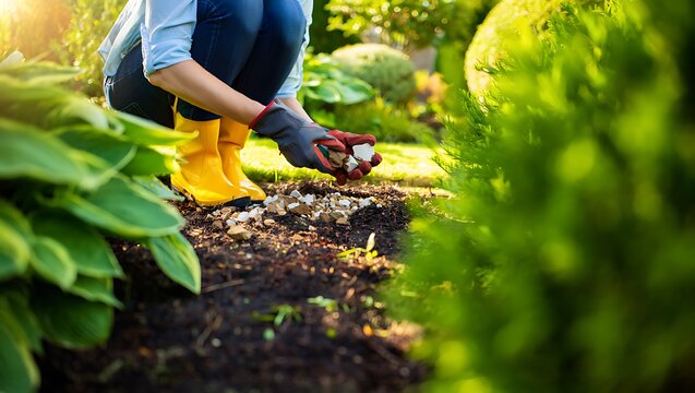 Gardener removing stones and preparing soil in sunny backyard garden, vibrant green plants glowing in morning sunlight, showcasing spring landscaping, organic growth, and residential outdoor.