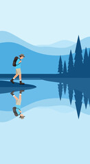Fototapeta premium Solo Hiker's Reflection: A Tranquil Scene Depicting Serene Exploration in Nature's Embrace