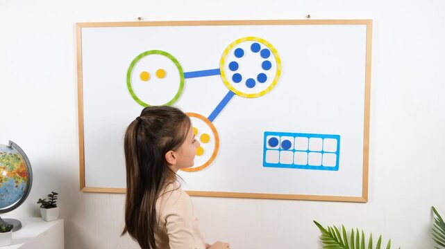 A young girl solves a math problem on a magnetic whiteboard using colorful square frames and number magnets. Shot in a cozy classroom with educational decor. 4K resolution.