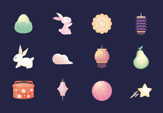 Gradient Asian Moon Festival Illustration Set