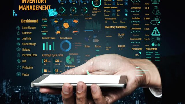 Inventory management dashboard showing supply chain performance, stock levels, order cycle times, cost reduction, and procurement ROI. Inventory tracking, and streamline warehouse efficiency. Thunk