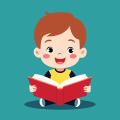 A cheerful cartoon boy reading a red book with excitement