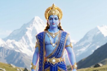Obraz premium Lord Ram Himalayan Majesty – Royal Blue Gold Hindu Mythology Devotional Artwork