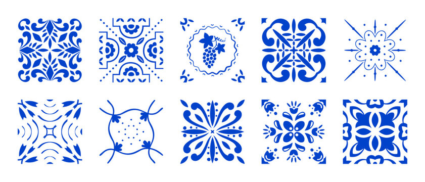 Mediterranean ceramic tile pattern. Blue amalfi ornaments and grape. Seamless italian mosaic design. Traditional portuguese azulejo elements, summer sun icons and vintage positano coast aesthetic.