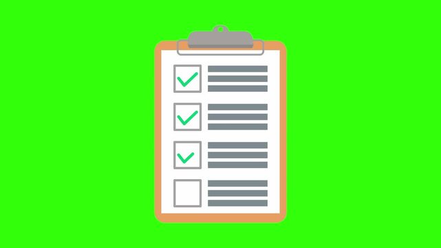 Animation of a clipboard popping up with a completed checklist on a white document. Every checkbox features a green checkmark, symbolizing successful task management, productivity, and completion