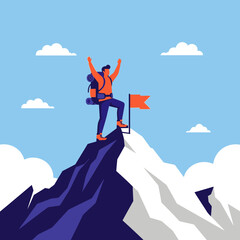 Fototapeta premium Triumphant Climber Reaches Mountain Peak Summit Achieving Goal Victory Symbol