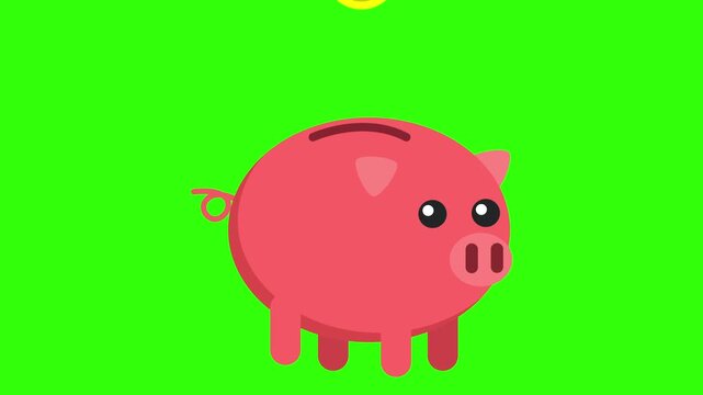 2d animation of a pink piggy bank receiving a gold dollar coin on a green screen. Financial savings and investment concepts, Seamless loop animation