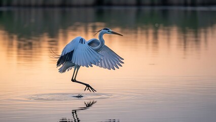 Naklejka premium White heron landing on water surface.