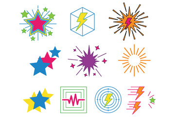 Colorful graphic icons of stars, lightning bolts, and abstract bursts Keywords: star, lightning, bolt, energy, power, burst