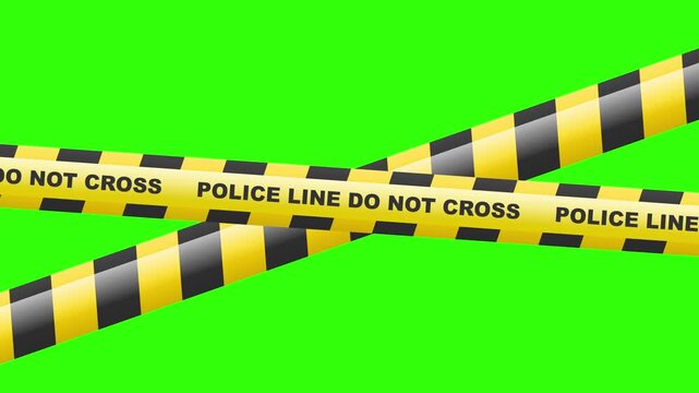 Two yellow and black striped caution ribbons with ''POLICE LINE DO NOT CROSS'' text crossing over a green screen. Security or crime scene visualizations