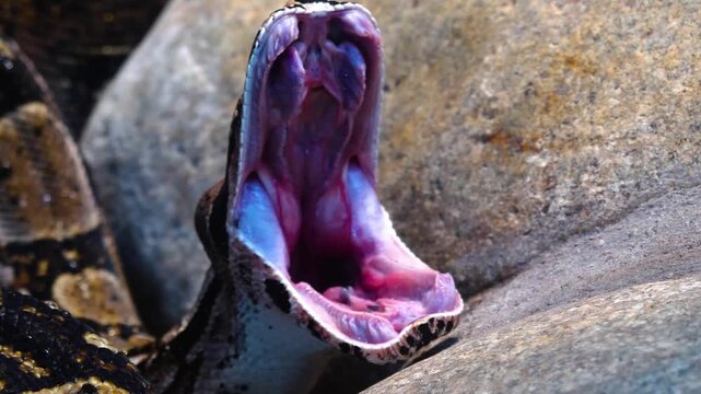 Close up head of a boa constrictor or python snake head moving around rocks and wiggling his jaw