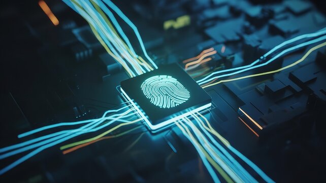 Glowing fingerprint on microchip with colorful neon wires in dark cyberpunk background symbolizing biometric technology and digital security