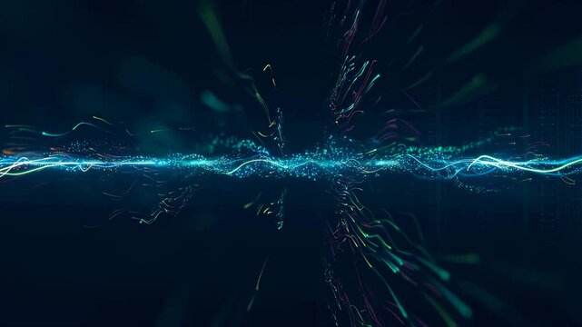 Abstract digital wave motion with vibrant colors and glowing particles. Represents technology, innovation, and data visualization in a futuristic context
