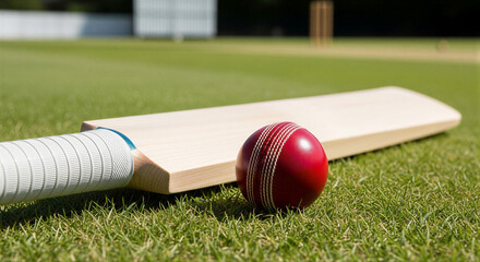 Cricket bat and ball on green grass field