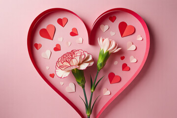 Pink Carnations in Heart-Shaped Frame with Red Hearts and Soft Lighting for Valentines Day