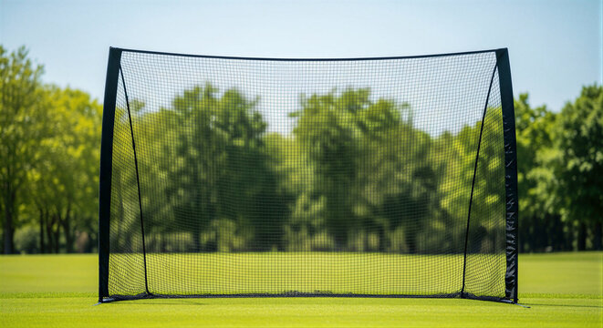 Black net set up on grassy field for sports practice