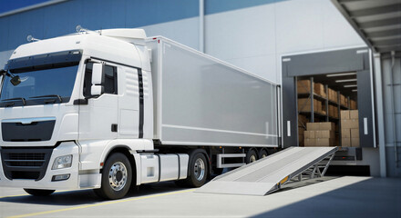 White truck unloading boxes at warehouse