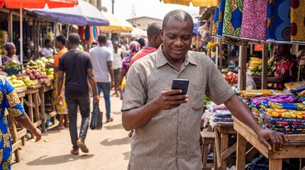 Obraz premium African man using smartphone while standing in vibrant market scene 