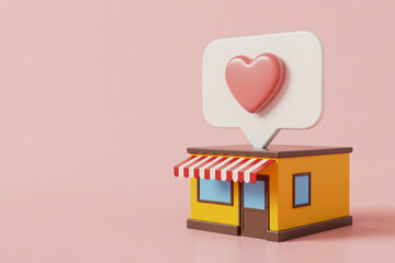 3D storefront with red heart icon in speech bubble on soft pink background in pastel colors for social media marketing