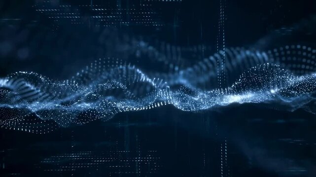 Abstract digital wave patterns with glowing particles. Visual representation of data flow and technology in a futuristic context