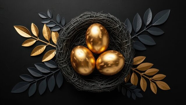 Golden eggs in a bird's nest surrounded by leaves