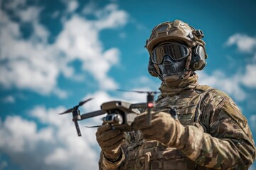 Fototapeta premium Tactical soldier launching drone in cloudy sky