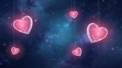 Floating hearts in a cosmic and dreamy space setting with soft lighting effects illustration