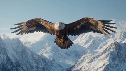 Obraz premium A magnificent bald eagle with outstretched wings soars directly towards the camera against a clear blue sky, set against a backdrop of imposing snow-covered mountains, demonstrating power and grace.