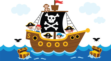 Cute cartoon pirate ship sailing with happy kids crew, floating treasure chests, and monkey on mast, vector illustration. © Creative Art